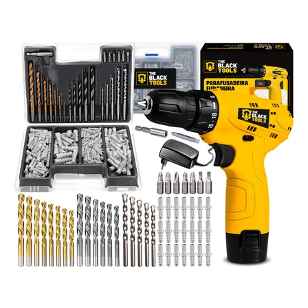 Parafusadeira Furadeira 3/8 A Bateria Tb12a The Black Tools Jogo Brocas E Buchas 300 Peças