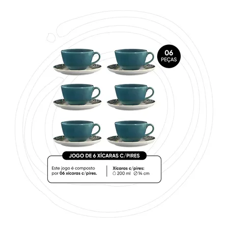 Cj. 06 Xícaras De Chá 200ml C/pires Gálata Verde Flat Oxford Galata Estampado