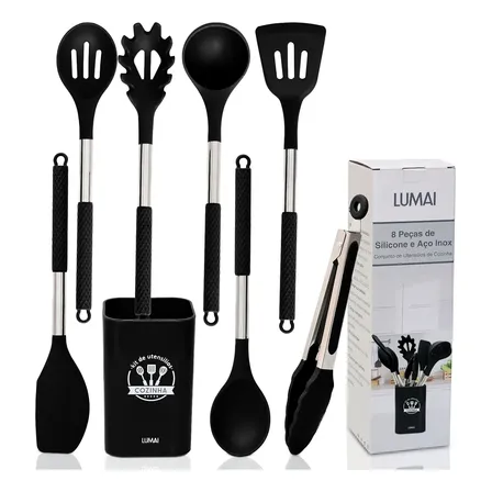 Kit De Utensilios De Cozinha Silicone Com Cabo Inox Grande Preto