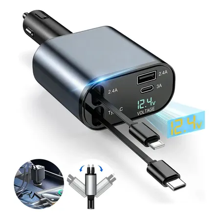 Carregador Veicular Retratil Turbo Portatil 4 Em 1 Usb C E IOS Carregador Portatil Veicular De Alta Potencia Para Celulares E Tablets Carro Moto Cabos Extensiveis Plug And Play Universal Pratico