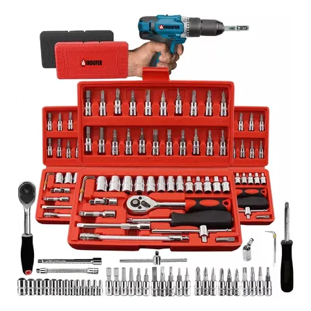 Kit Chave Catraca Soquete 46 Peças Indufer em Cromo Vanádio, para Manutenção