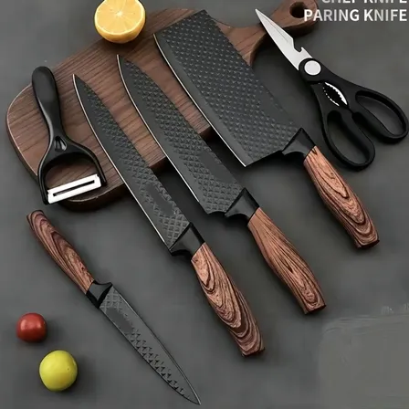 Kit Jogo De Facas Inox Corte Afiado Antiaderente Presente Cor Marrom-escuro