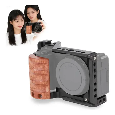 Gaiola Cage Proteção Para Sony Alpha Zv-e10 Handle-camera Preto Com Alça De Madeira, Base De Encaixe Rápido, Encaixe Cold Shoe E Roscas De 1/4 E 3/8