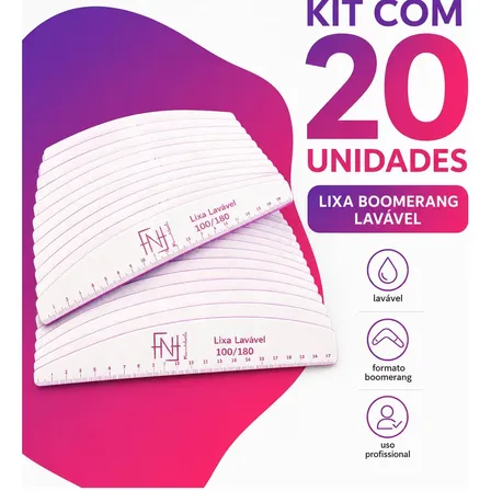 Kit 20 Lixas Bumerangue Lavável 100/180 Acabamento Unha Gel BMED