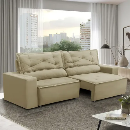 Sofá Retrátil e Reclinável 3 lugares com Molas 1,80m Livia Suede Bege Adonai Estofados