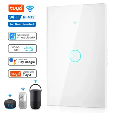 Forestory Interruptor Inteligente Dimmer Wifi 1 Botão Touch Alexa Touch Tuya Smart Life Alexa Google Home Aligenie Yandex Alice Smart Automação Compatível Wifi 2.4ghz Rf433 Bluetooth 100-240v 10a