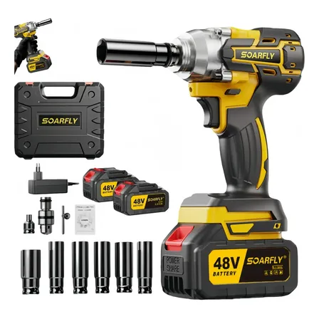 Chave De Impacto 800n.m Com 2 Bateria Sem Fio 48v Brushless Amarelo 127/220v 50/60hz