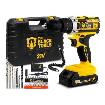 Parafusadeira Furadeira De Impacto A Bateria 21V 3/8” Pol Bivolt 1400 Rpm Com Acessórios The Black Tools