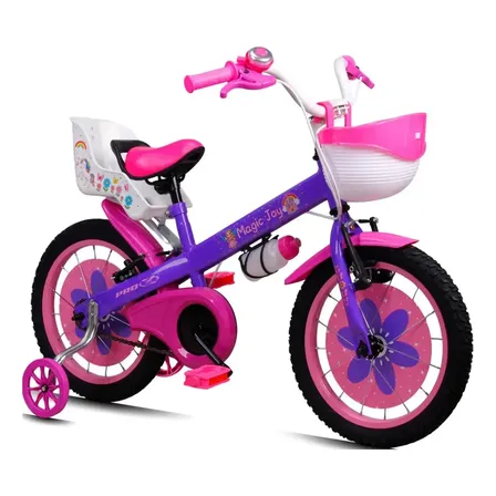 Bicicleta Infantil Aro 16 Pro-X Magic Joy Menina 4, 5 Anos com Rodinhas Roxo Rosa