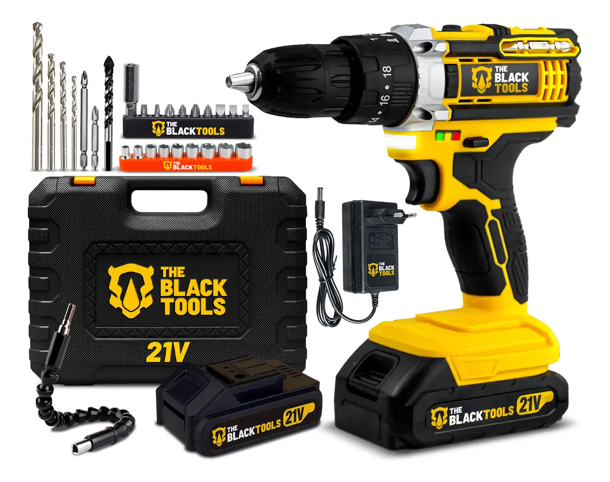 Furadeira Parafusadeira De Impacto 21v Com 2 Baterias Velocidade Ajustável 3/8 10mm Maleta E Acessorios Profissional The Black Tools