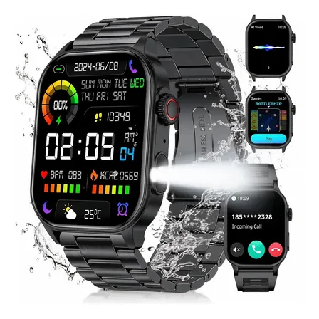 Smartwatch Relógio Inteligente Masculino Militar Esportivo Preto Aço Inoxidável