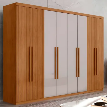 Guarda Roupa Casal Toronto Mdf 8 Portas Moderna Mobília Cor Naturale/Off White/Naturale