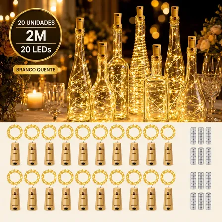 Kit 20 Rolha De Led Luz Fio Garrafa 2m * 20 Leds Luzes Fadas Branco Quente 5v