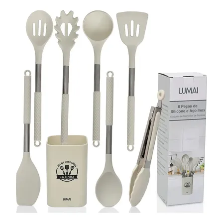Kit De Utensilios De Cozinha Silicone Com Cabo Inox Grande Bege