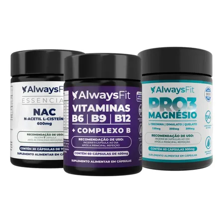 Kit AlwaysFit | Pro3magnésio + Nac E Vitaminas B6b9b12 | Sem Sabor