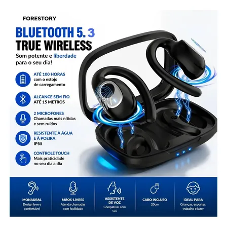 FORESTORY Fone de Ouvido Bluetooth 5.4 OWS TWS Sem Fio X5 Open Ear Esportivo com Gancho Display LED HD Microfone Grave Potente para Academia Corrida Compatível iPhone Samsung Xiaomi Motorola Android