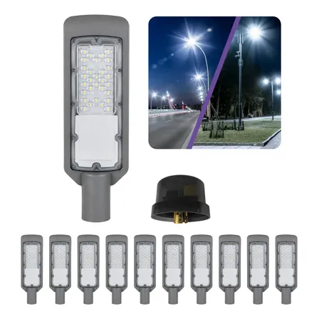 Kit 10 Luminárias Públicas Led Com Fotocélula 50w Bivolt 127/220v Cinza-escuro Branco-frio