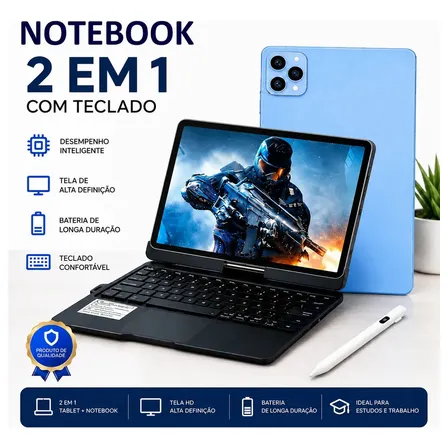 Notebook Android 14 12GB Ram 256GB Armazenamento Tablet 2 Em 1 Tela Rotacional 360° Touch Teclado Mouse WiFi Bluetooth Azul