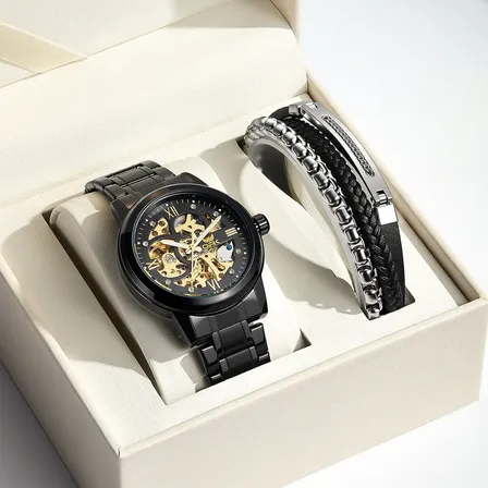 Opk Relógio Automático Masculino Conjunto Pulseira Luxo 8165 Preto