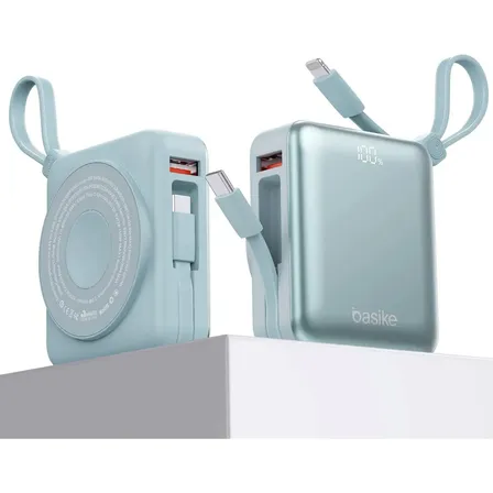 Power Bank Basike Magnético Magsafe 10000mAh, Carregador Portátil Por Indução, Carregamento Rápido 22.5W com Cabos Integrados e Display Digital