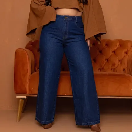Calça Jeans Wide Leg Plus Size Levanta Bumbum Cós Alto Azul 50