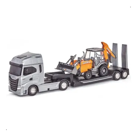 Brinquedo Caminhao Iveco S-way Plataforma Retroescavadeira Cinza