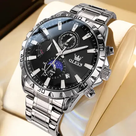 Olevs Relógio Masculino Pulseira De Aço À Prova D'água 2953 Prateado Preto