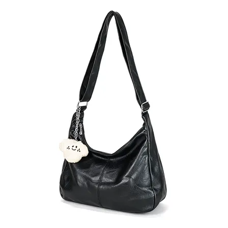 Bolsa Hobo Feminina Média Ombro Couro Pu Pingente Casual Preto Liso Níquel