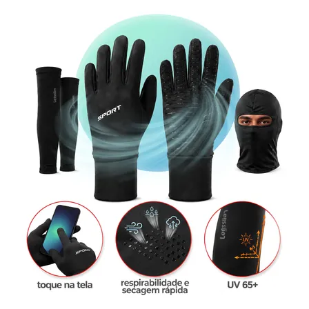 Kit 3 Em 1 Motociclista Luva Respirável Moto Touch Screen, Balaclava Respirável E Manga Protetora De Braço Uv, Acessórios Versáteis, Ideal Para Motocicleta E Motocross Preto M
