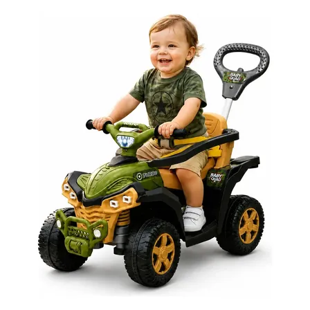 Carrinho De Passeio Infantil Quadriciclo Militar Andador Empurrador Baby Quad Verde Com Buzina e Cinto