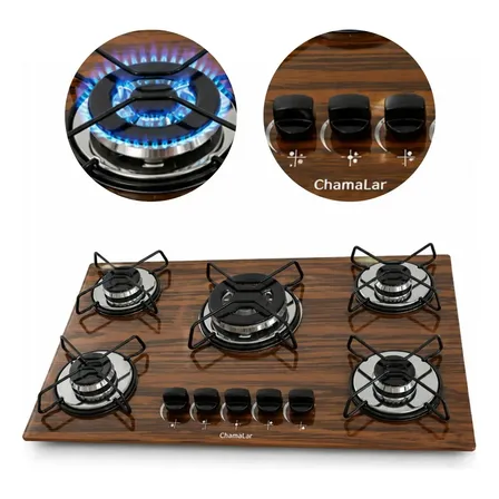 Fogão Cooktop Gás 5 Bocas Tripla Chama Amadeirado Escuro