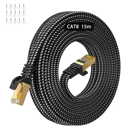 Cabo de rede Cat8 15 metros, 40 Gbps, 2000 MHz, nylon plano, trançado, cobre puro