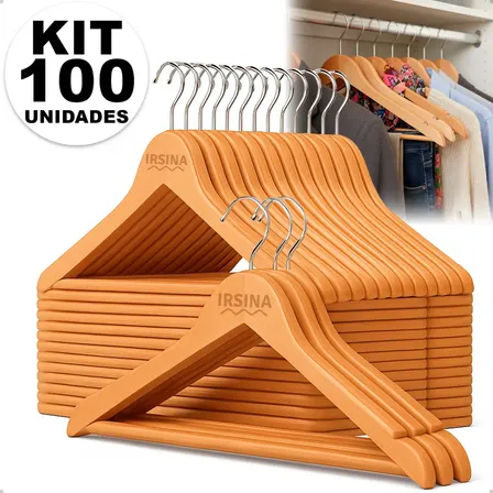 Kit Cabide Madeira Natural Gancho De Metal Marfim Envernizado Antideslizante Adulto Roupa Camisa Vestido Terno Irsina