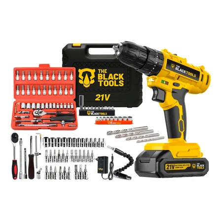 Parafusadeira Furadeira De Impacto Sem Fio 21v Com 46 Peças Amarelo 110v/220v 60hz
