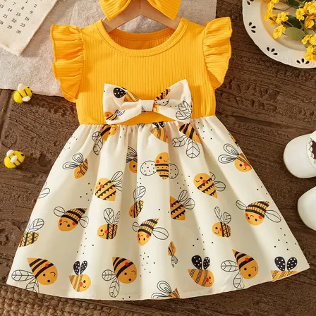 Vestido Bebê Menina Babado Sem Mangas Com Faixa Amarelo Liso 9-12m