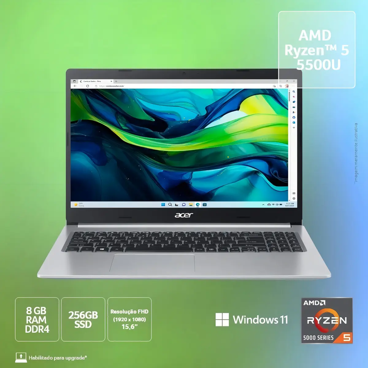 Notebook Acer Aspire 5 A515-45-R5AT AMD Ryzen 5 5500U 15.6"AMD Radeon Graphics 256GB SDD 8GB RAM Windows 11