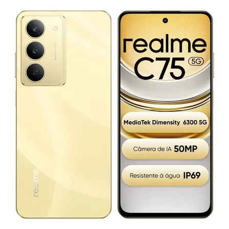 Smartphone Celular Realme C75 5g 256gb 8gb Ram Dourado Dual Sim Ultrarresistência À Água Ip69 Mediatek Dimensity 6300