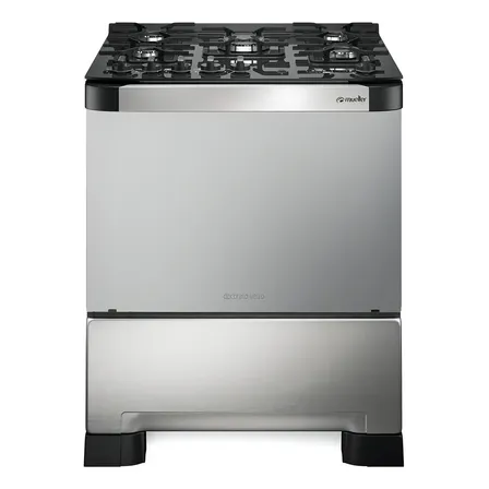 Fogão Mueller 5 bocas Decorato Vetro Inox com mesa de vidro e Timer digital