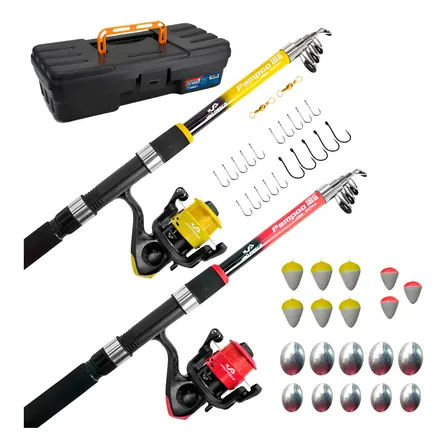 2 Kit Pesca Completo 2 Varas 10kg + 2 Molinetes Jp250 1-rol Vermelho/amarelo