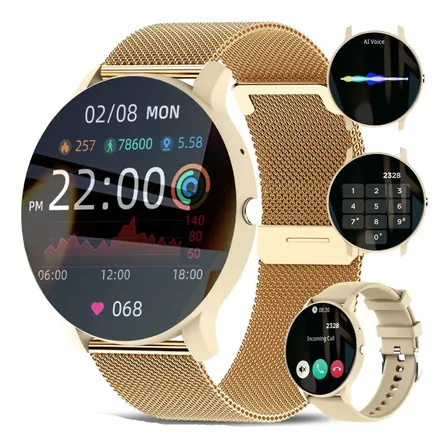 Relógio Inteligente Mulher Smartwatch Esportivo Redondo Ouro Ouro
