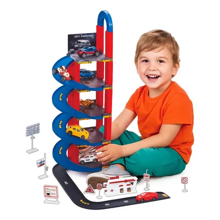Pista de Carrinhos Atentu Kids 5 Andares Azul Descente Espiral Com Sinalização