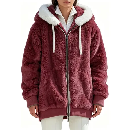 Casaco De Pelúcia Solto Feminino Com Capuz Térmico Red M Liso