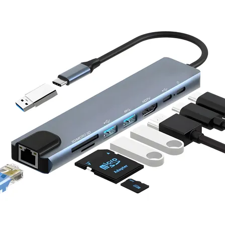 Adaptador Macbook Hub Usb C 3.0 8 Portas Hdmi Rj45 Sd 4k Prateado