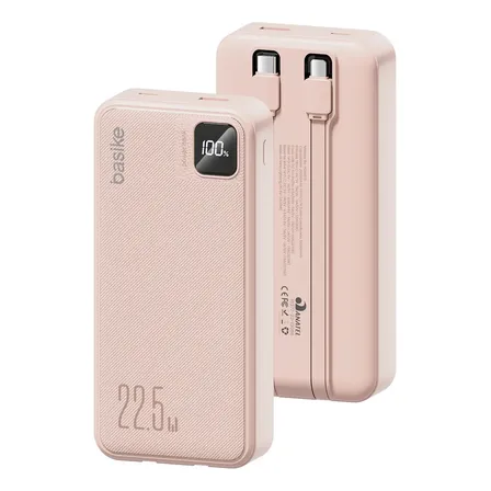 Power Bank Basike 20000mAh Rosa, Carga Rápida 22.5W para iPhone e Samsung, Com Cabos Embutidos e Display