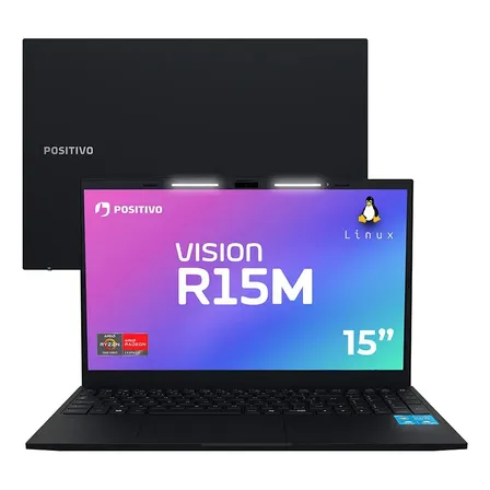 Notebook Positivo Vision R15M AMD Ryzen 3-7330U Linux 8GB RAM 512GB SSD Wi-Fi 6 Tela 15” Full HD IPS Antirreflexo - Minitela - Permite upgrade de memória RAM e SSD - Preto