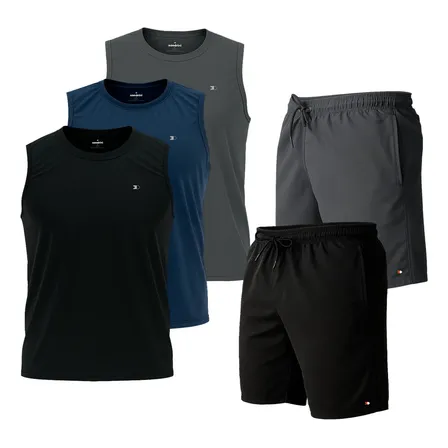 Kit 5 Pçs 3 Camisas Regata Dry-fit Sandrini +2 Short Tactel Sortidos Lisa Gg