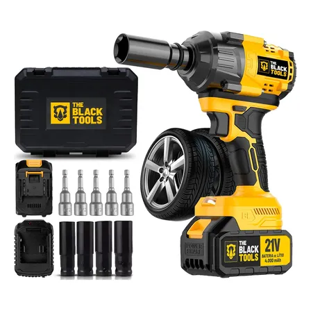 Kit Chave De Impacto Profissional Brushless Bateria 21v 4Ah Mandril 13mm 1/2 Pol Com Soquetes Canhão 1/2 The Black Tools