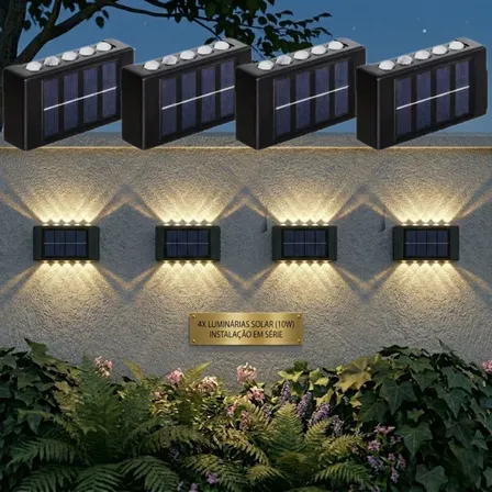 Kit 4 Arandela Lampada Solar Led Parede Jardim Externa Ip65 1.2v 10 Led-luz Quente
