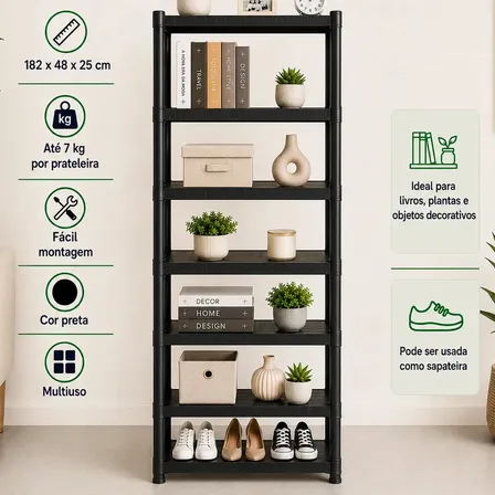 Estante Plástica Modular Multiuso Preta 7 Prateleiras Organizadora Para Livros Plantas Objetos Decorativos