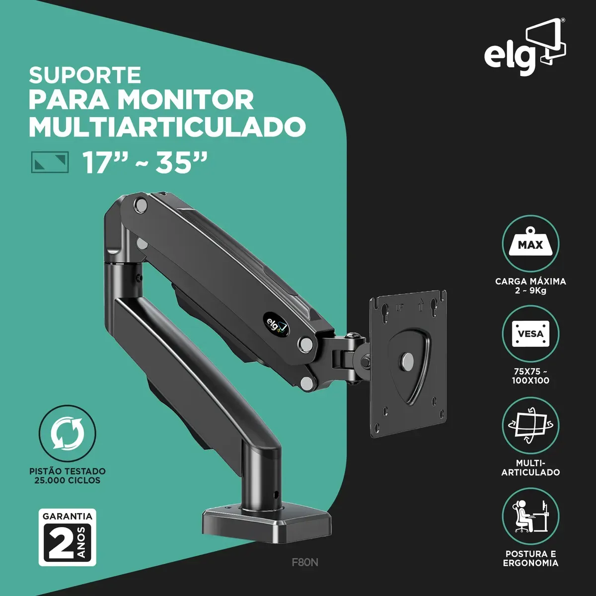 Suporte Articulado Mesa Monitor 17 a 35 Polegadas 9kg ELG Pistão a Gás Giro 360° Altura 14 a 42cm Avanço 54cm VESA 100x100 Preto F80N